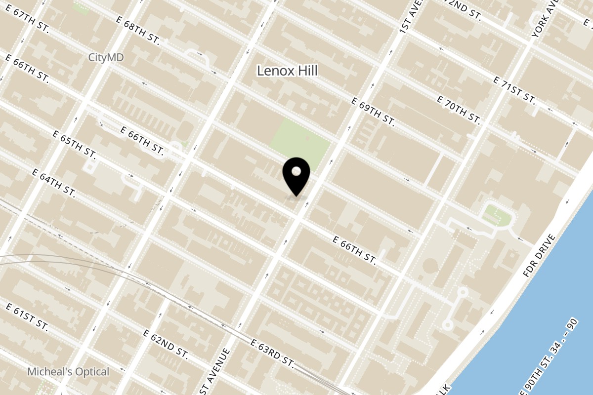 Map showing the location of Pita Yeero Upper East Side on 1229 1st Ave in New York